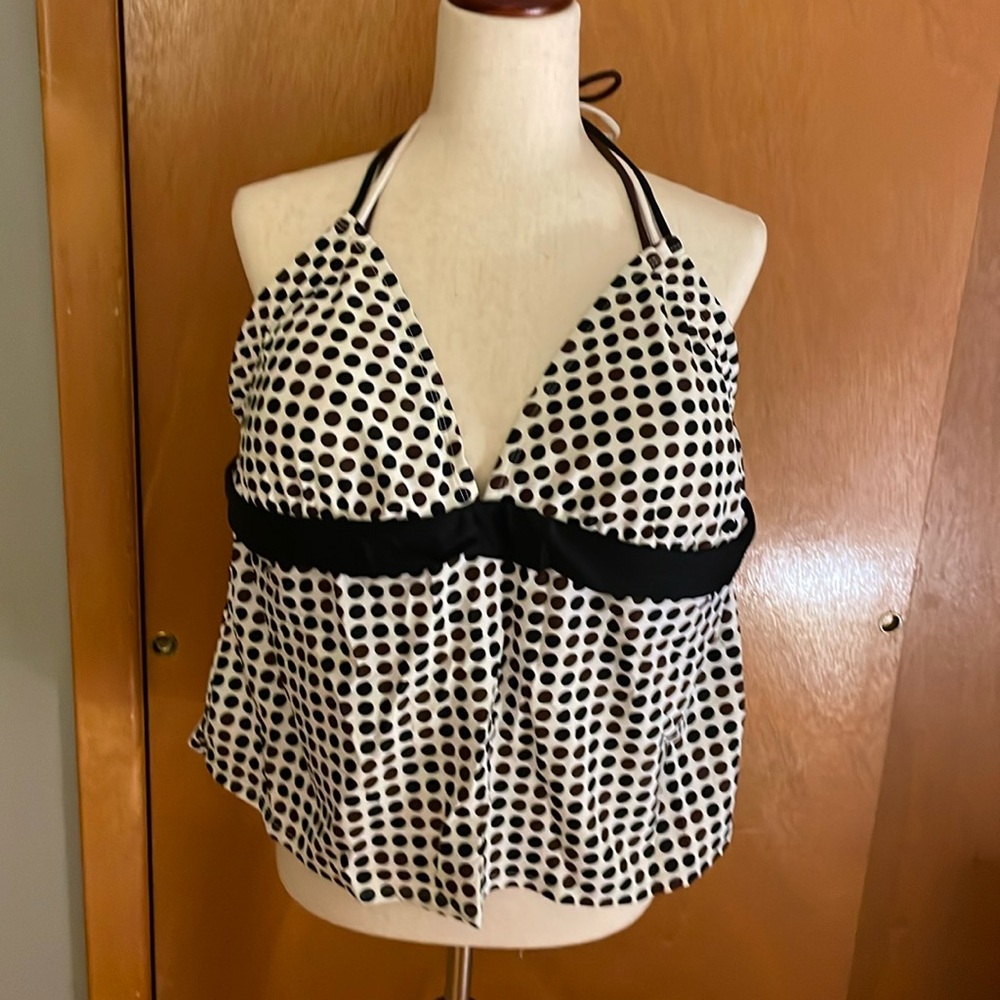 Ana (a new approach) swim top tankini, size 22W. White, black, brown polka dot.